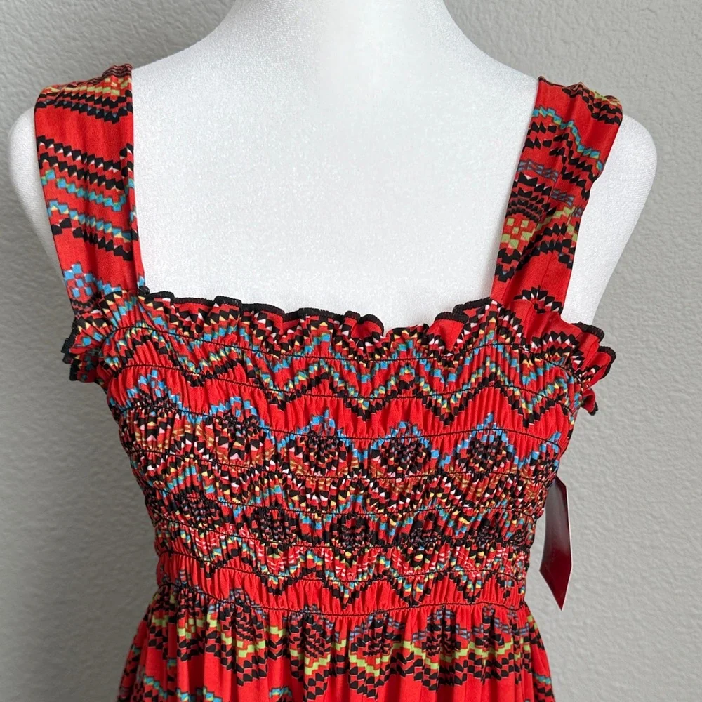 Vibrant Red Patterned Midi Sun Dress - Picture 2 of 11